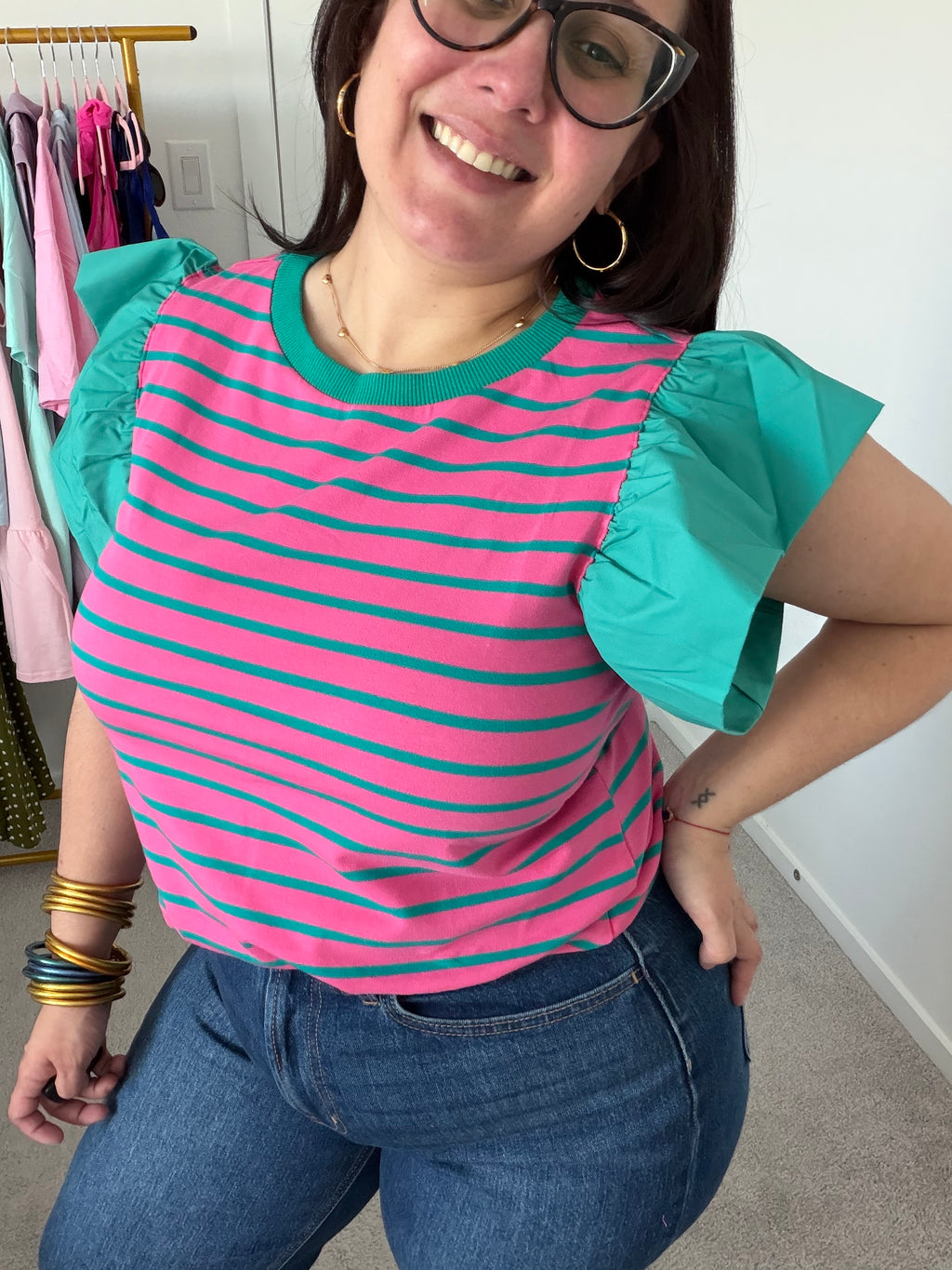 PINK STRIPE RUFFLE TEE