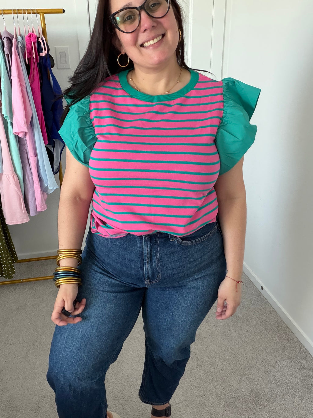 PINK STRIPE RUFFLE TEE